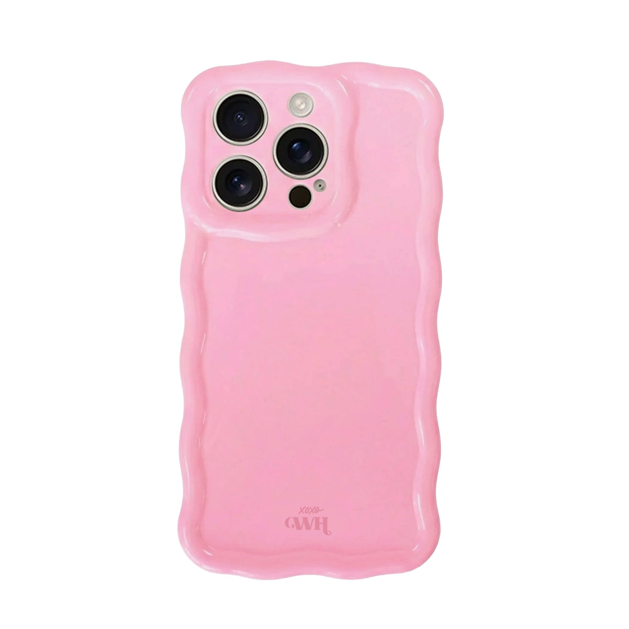 Glossy Wavy Case Bubble Blush voor iPhone 13 Pro, roze met golvend design en xoxo Wildhearts logo.