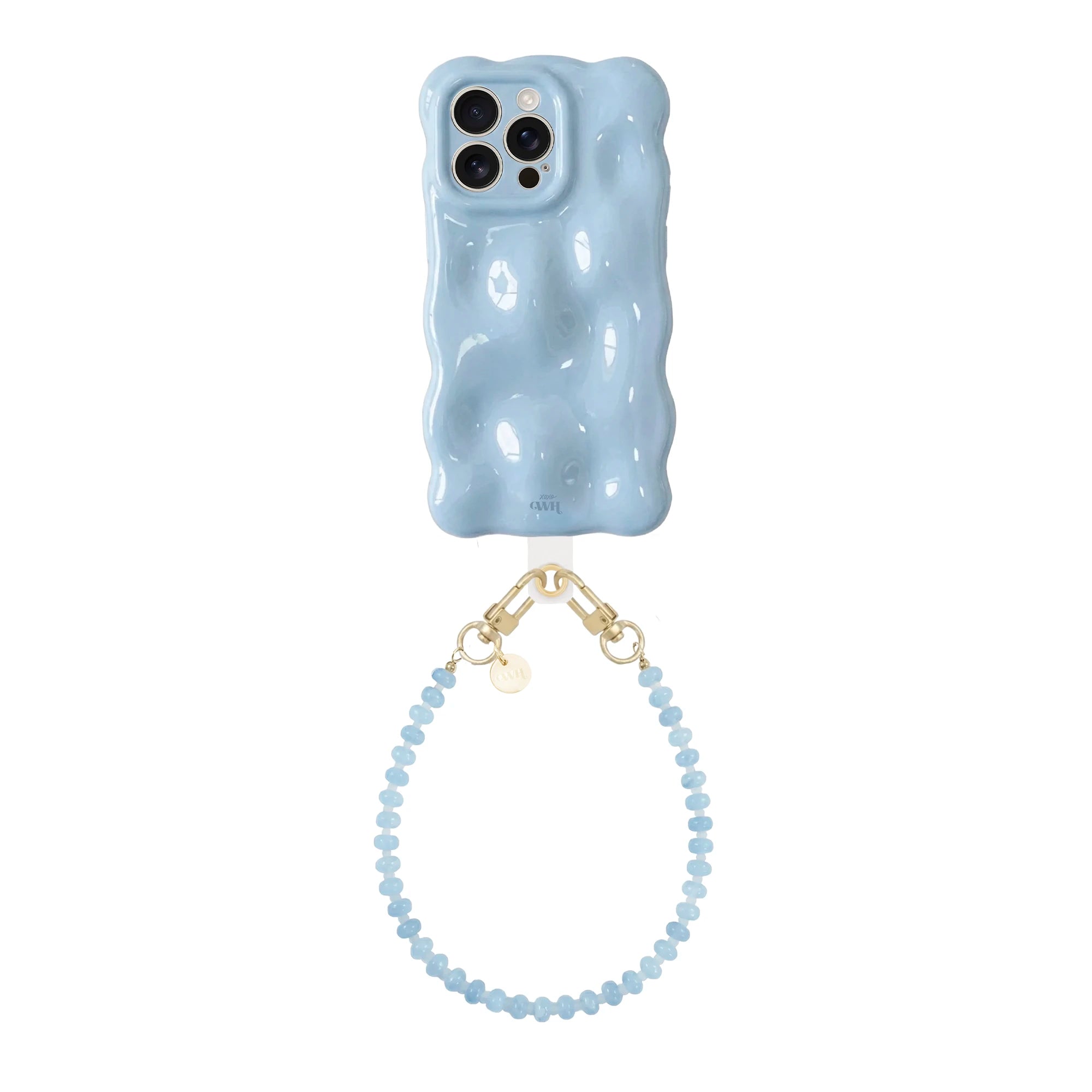 Bubbly Ice Blue iPhone 16 Pro Max case met golvende textuur en bijpassend kort Dusty koord van lichtblauwe kralen.