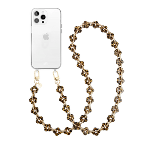 Transparant iPhone 14 Pro hoesje met lang koord van luipaardprint bloemkralen en gouden haken.