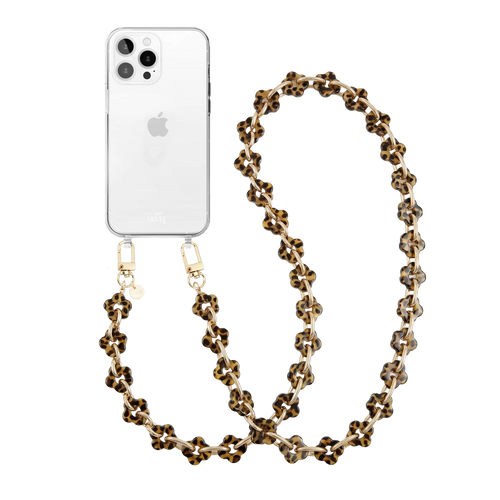 Transparant iPhone 14 Pro hoesje met lang koord van luipaardprint bloemkralen en gouden haken.