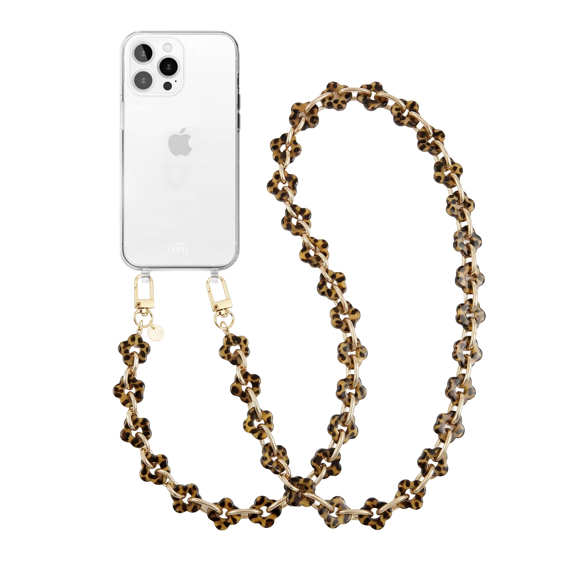 Transparant iPhone 14 Pro hoesje met lang koord van luipaardprint bloemkralen en gouden haken.