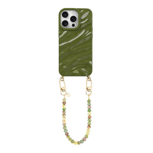 Green Glaze Cord Case - Shell Hearts Olives (short) - iPhone 14 Pro
