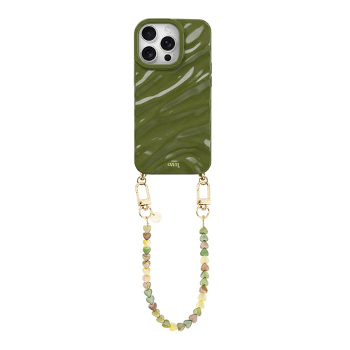 Green Glaze Cord Case - Shell Hearts Olives (short) - iPhone 14 Pro
