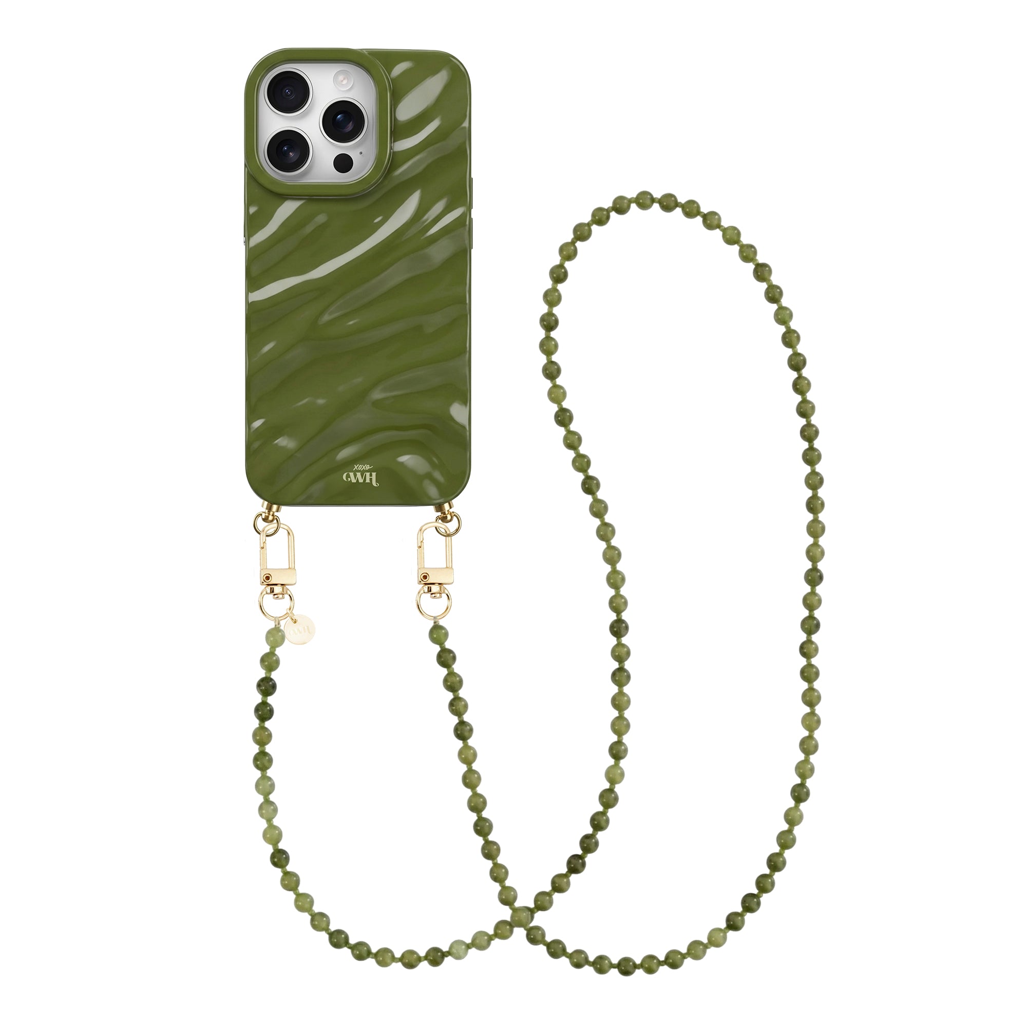 Glanzend donkergroen iPhone 15 Pro Max hoesje met golvend design en bijpassend lang kralenkoord.
