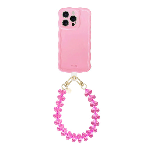 Glossy roze golvende telefoonhoes met Funky Hearts koord en gouden details.
