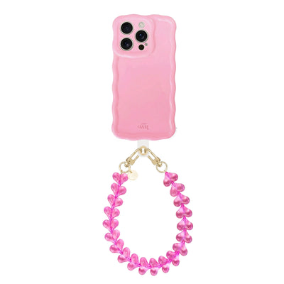 Glossy roze golvende telefoonhoes met Funky Hearts koord en gouden details.