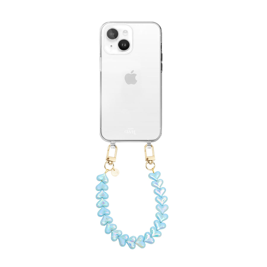 xoxo Wildhearts iPhone 15 Plus - Funky Hearts (Blue Metallic) Transparant Cord Case