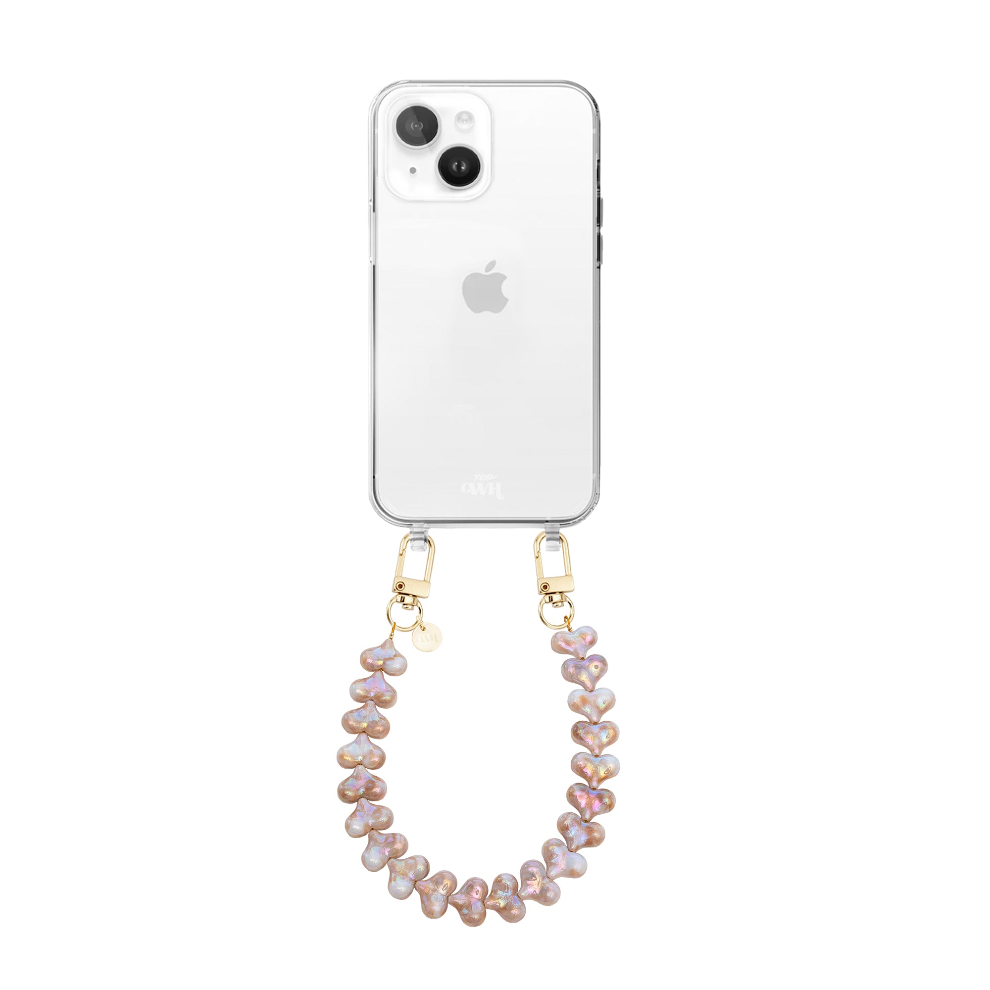 xoxo Wildhearts iPhone 13 Mini - Funky Hearts (Champagne Pearl) Transparant Cord Case