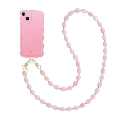 Glossy wavy light pink iPhone 13 case with a long Ocean cord of pink oval beads and gold clasps.