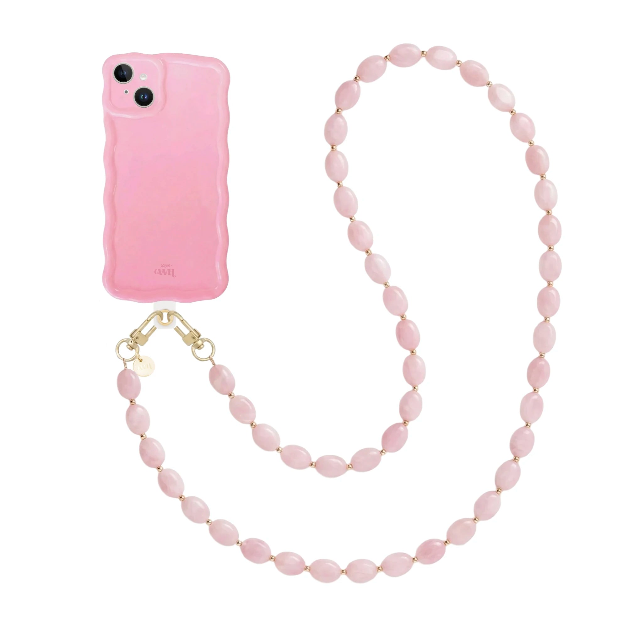 Glossy wavy light pink iPhone 13 case with a long Ocean cord of pink oval beads and gold clasps.