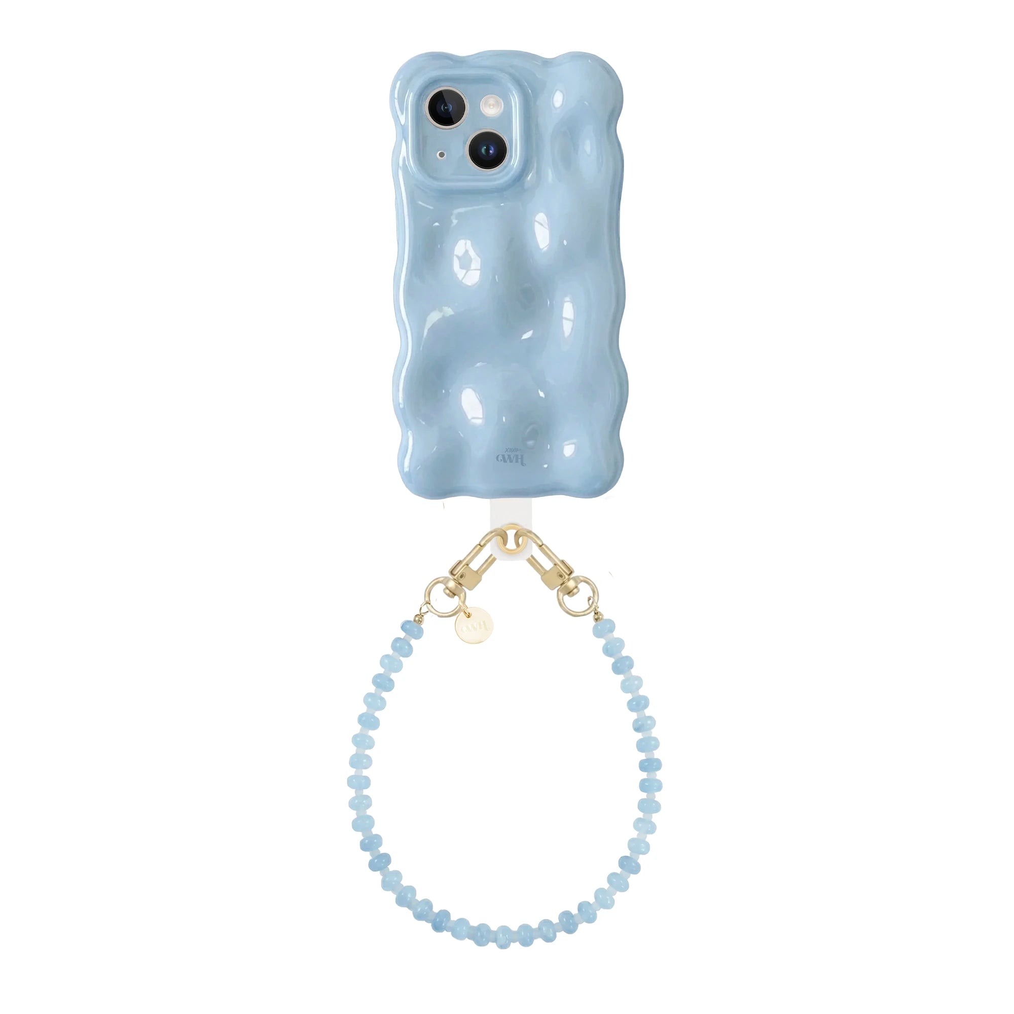 Bubbly Ice Blue iPhone 13 case met golvende vorm en kort Dusty koord van lichtblauwe kralen.