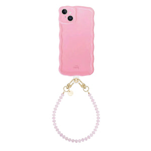 Glossy Wavy Case Bubble Blush voor iPhone 14 met kort Dusty Pink kralenkoord.