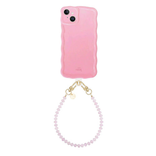 Glossy Wavy Case Bubble Blush voor iPhone 14 met kort Dusty Pink kralenkoord.