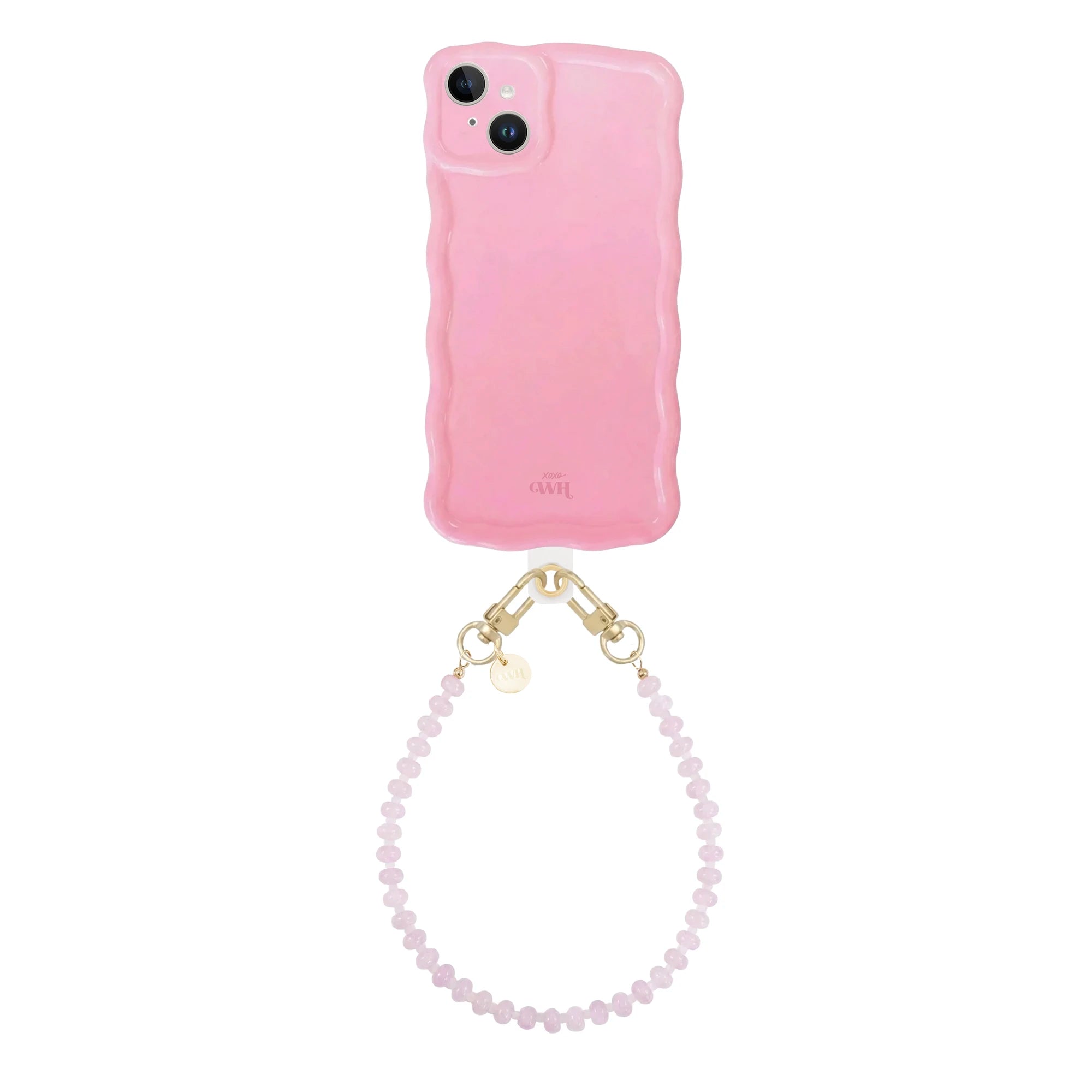 Glossy Wavy Case Bubble Blush voor iPhone 14 met kort Dusty Pink kralenkoord.