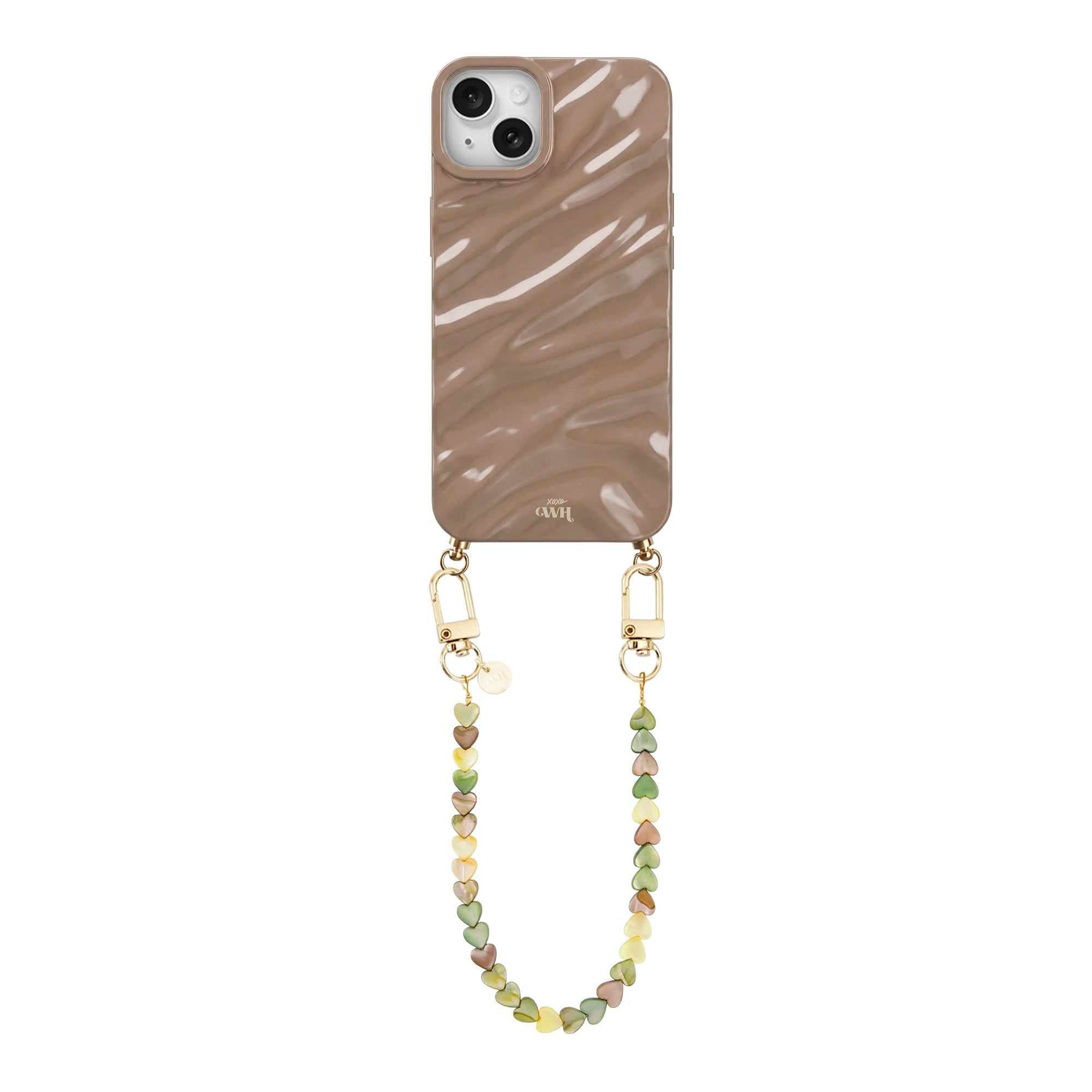 Taupe Glaze Cord Case - Shell Hearts Olives (short) - iPhone 14 Plus