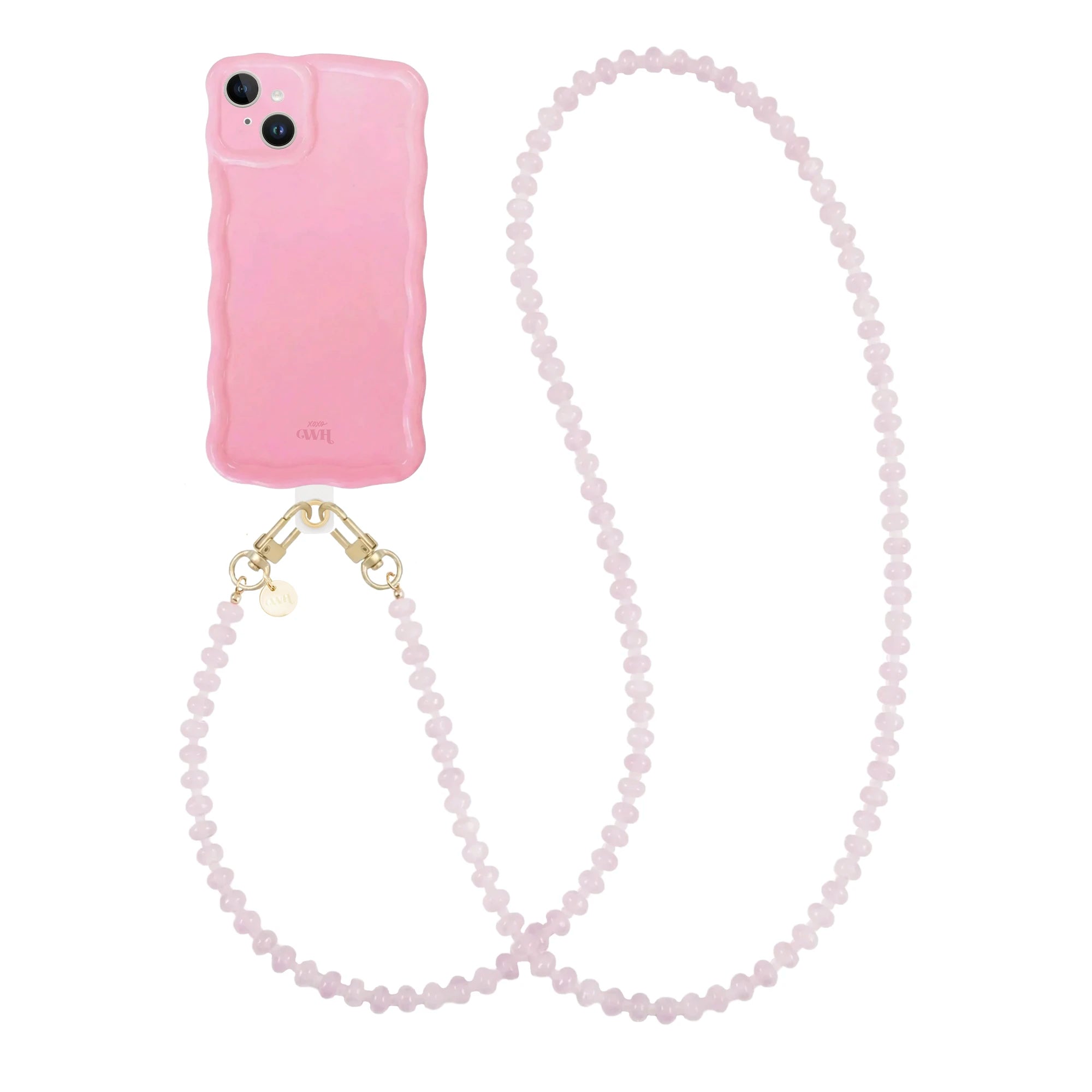 Glossy wavy bubble blush iPhone 13 case with a long dusty pink beaded cord and gold hardware.