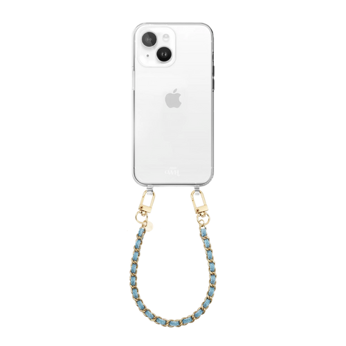 iPhone 13 met transparant hoesje en korte Classic Chain Denim koord met gouden details.