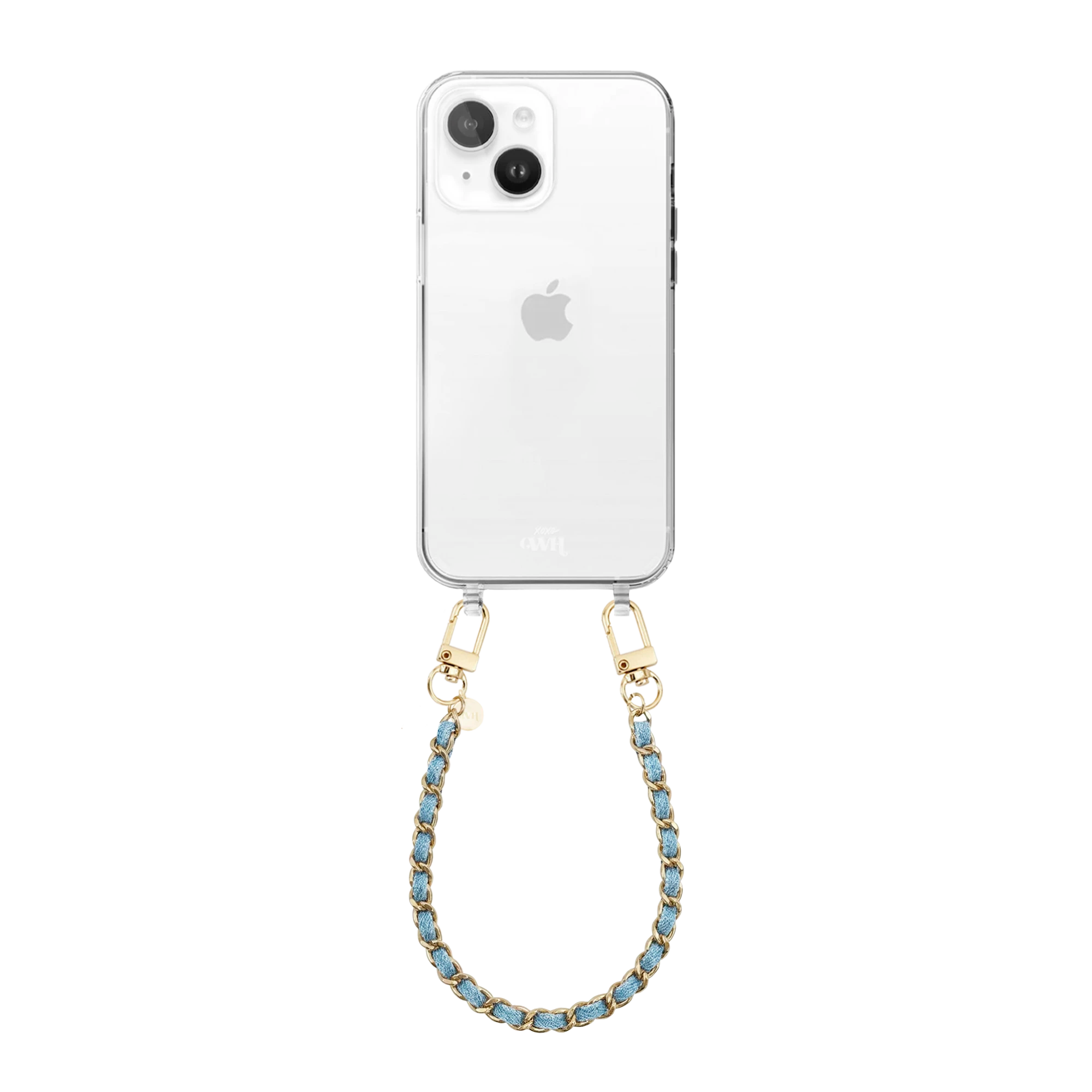 iPhone 13 met transparant hoesje en korte Classic Chain Denim koord met gouden details.