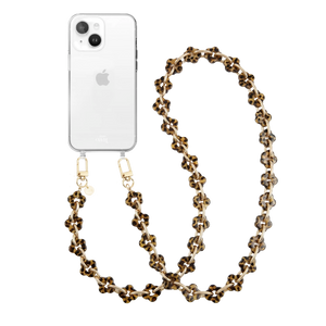 Transparant iPhone 14 Plus hoesje met lang koord van bloemvormige luipaardprint kralen en gouden haken.