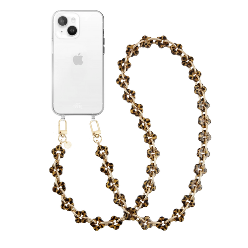 Transparant iPhone 14 Plus hoesje met lang koord van bloemvormige luipaardprint kralen en gouden haken.