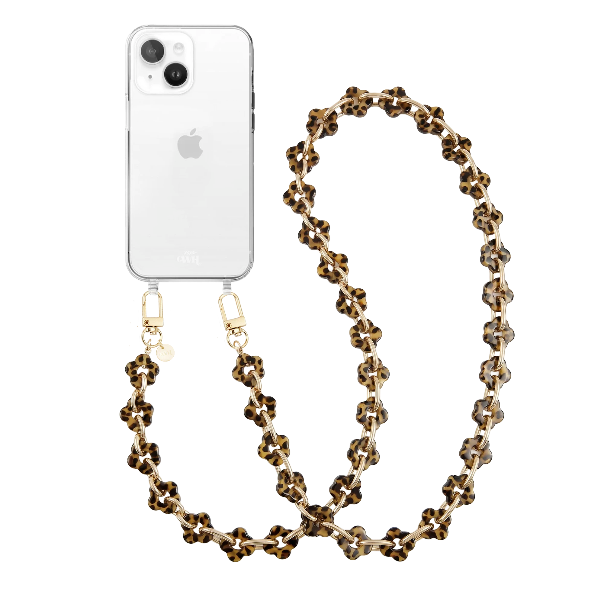 Transparant iPhone 14 Plus hoesje met lang koord van bloemvormige luipaardprint kralen en gouden haken.