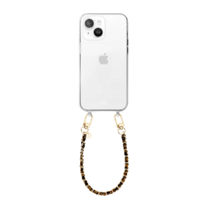 Transparant iPhone 13 hoesje met korte, klassieke luipaardprint ketting en gouden details.