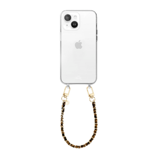 Transparant iPhone 13 hoesje met korte, klassieke luipaardprint ketting en gouden details.