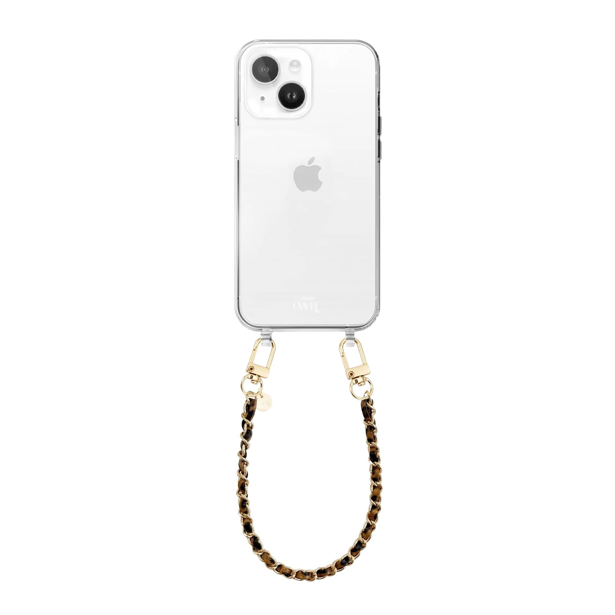 Transparant iPhone 13 hoesje met korte, klassieke luipaardprint ketting en gouden details.