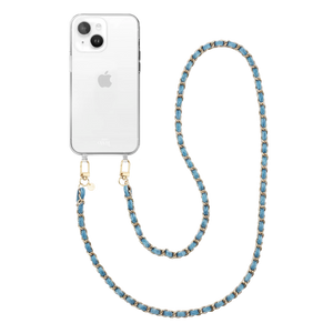 iPhone 13 transparante hoes met lange denim ketting en gouden details.