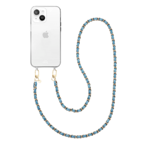 iPhone 13 transparante hoes met lange denim ketting en gouden details.