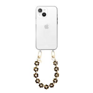 iPhone 13 transparant hoesje met kort Leopard Flowers koord, gouden haken en bloemvormige kralen.