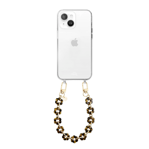 iPhone 13 transparant hoesje met kort Leopard Flowers koord, gouden haken en bloemvormige kralen.