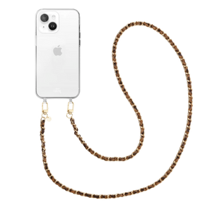 iPhone 13 Mini in clear case with a long, brown leopard print chain and gold hardware.
