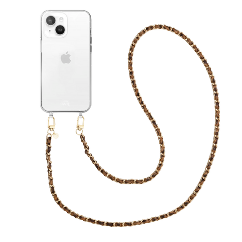 iPhone 13 Mini in clear case with a long, brown leopard print chain and gold hardware.