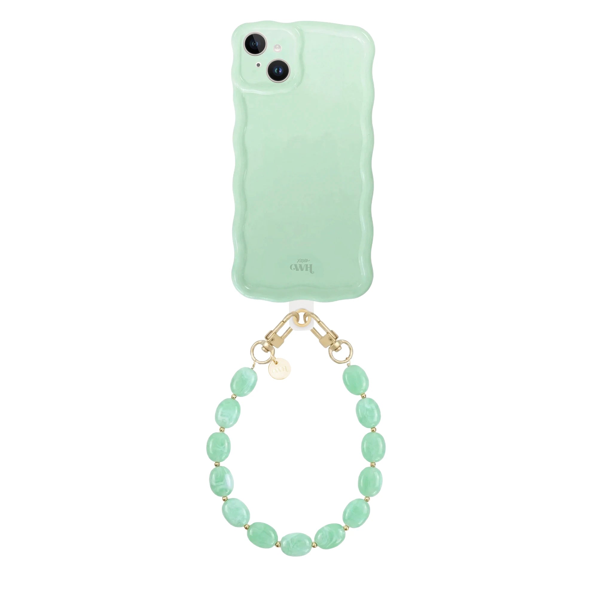 Glossy Wavy Case Sage Sorbet voor iPhone 13 met kort Ocean Mint kralenkoord.