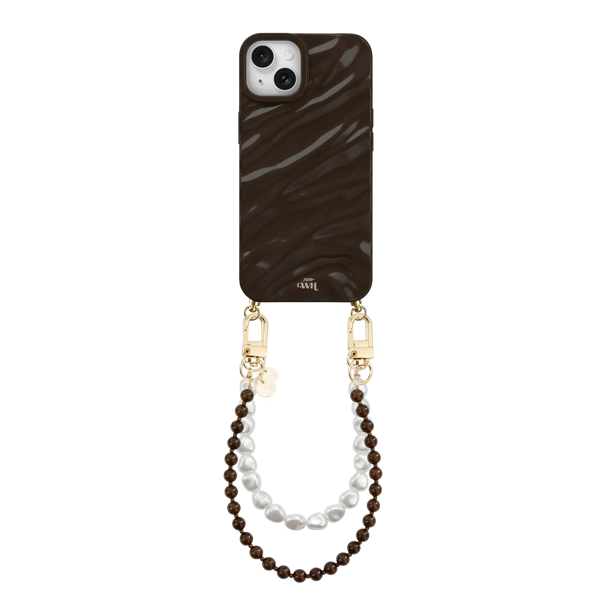 Glanzende bruine iPhone 14 Plus hoes met golvend patroon, gouden details en een parelkoord.