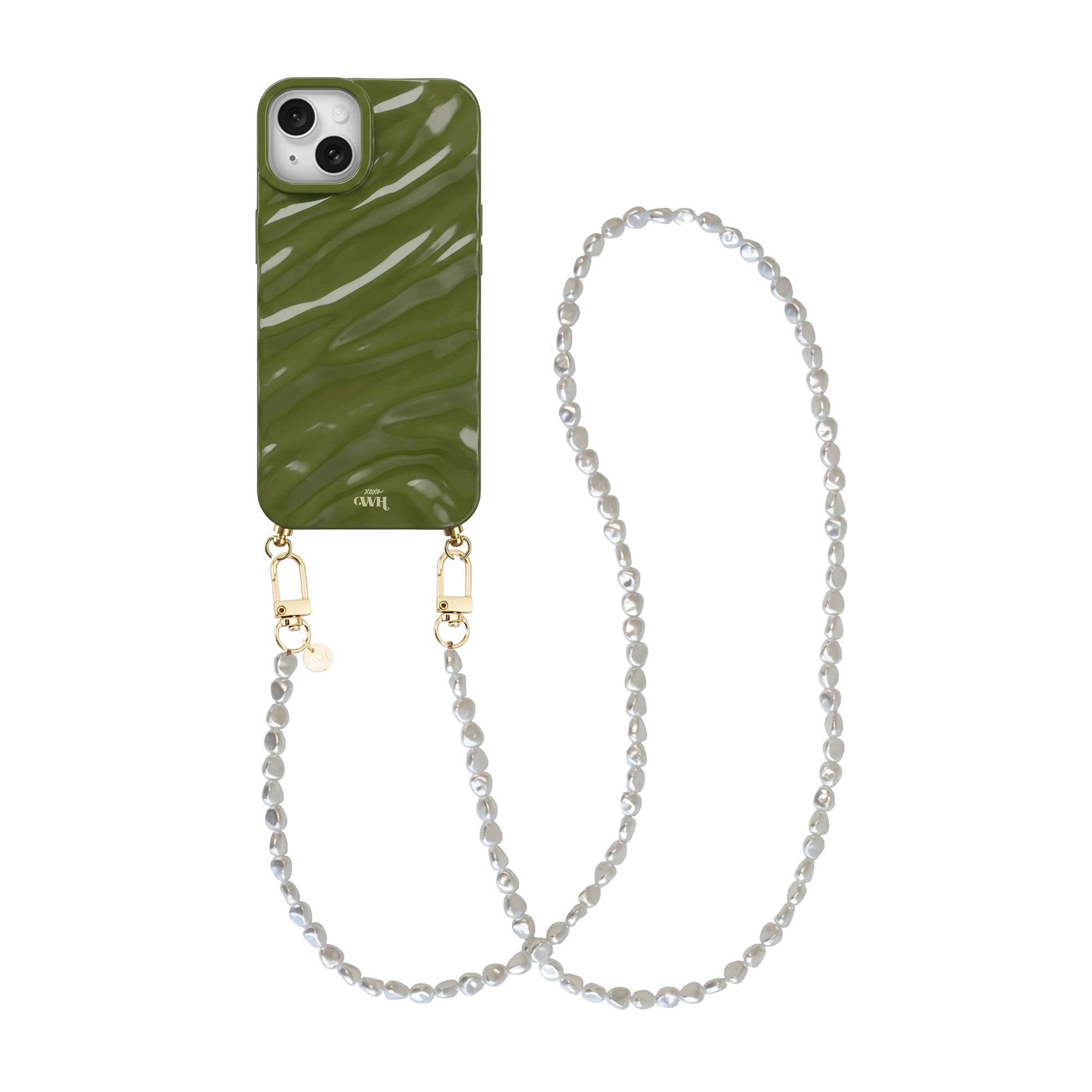 Glanzend diepgroen iPhone 13 hoesje met golvend patroon en een lang wit parelkoord met gouden sluitingen.