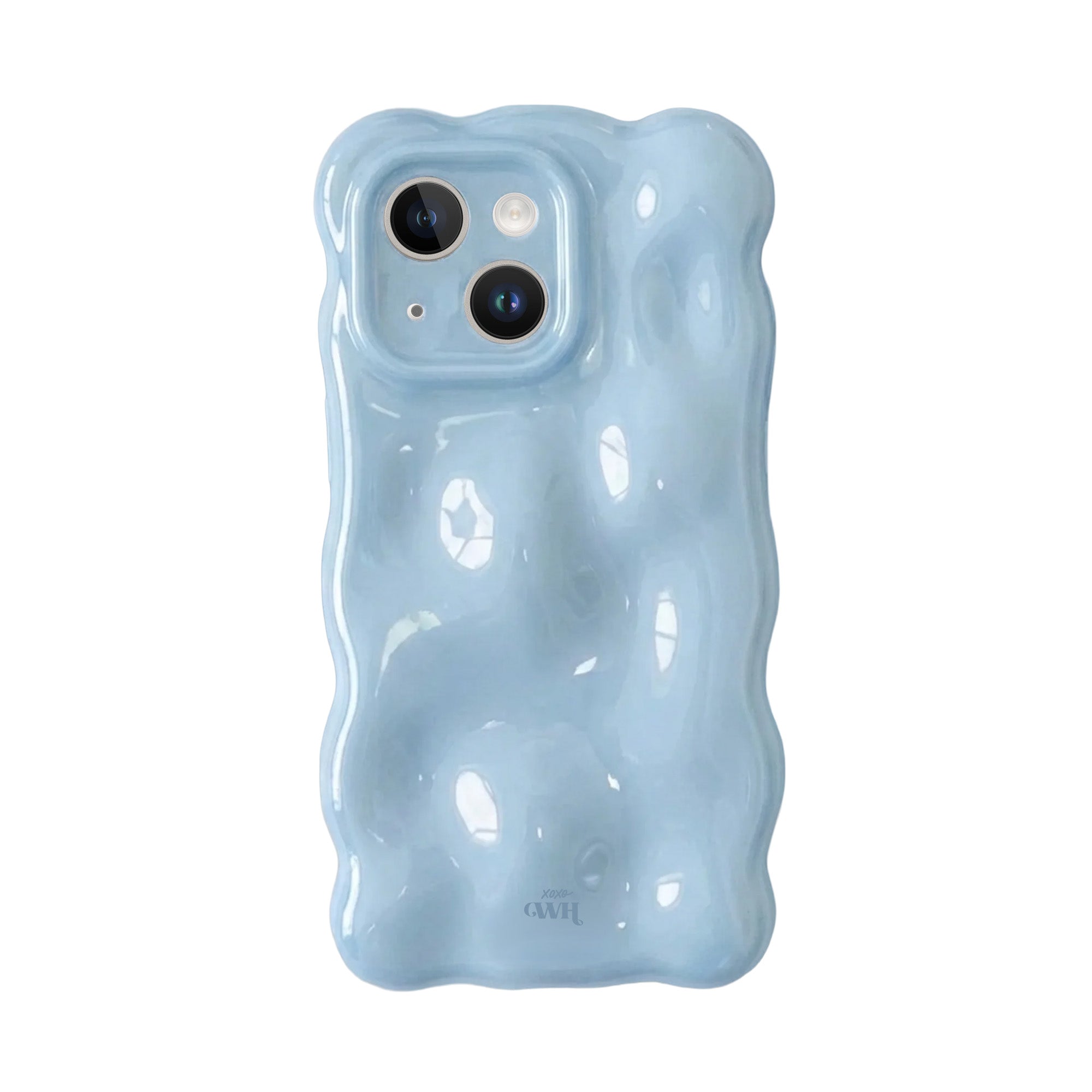Bubbly Ice Blue iPhone 15 Plus hoesje met golvend design, glanzende afwerking en camera cover.