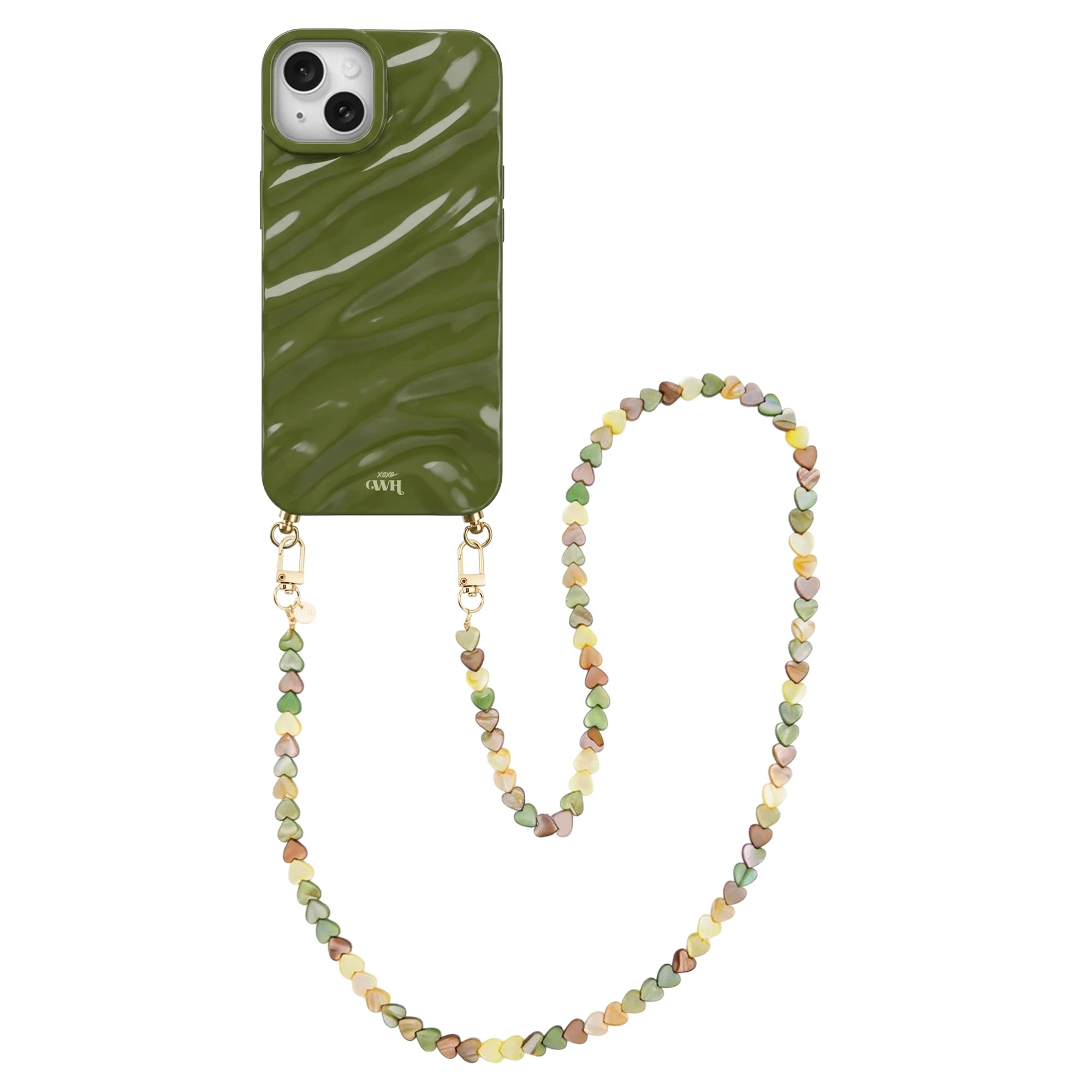 Green Glaze Cord Case - Shell Hearts Olives (long) - iPhone 13