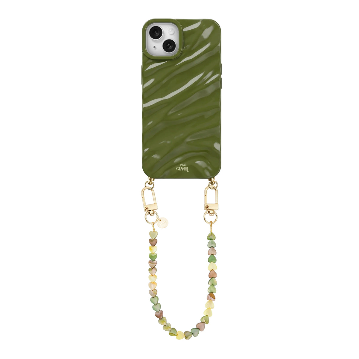 Green Glaze Cord Case - Shell Hearts Olives (short) - iPhone 14 Plus