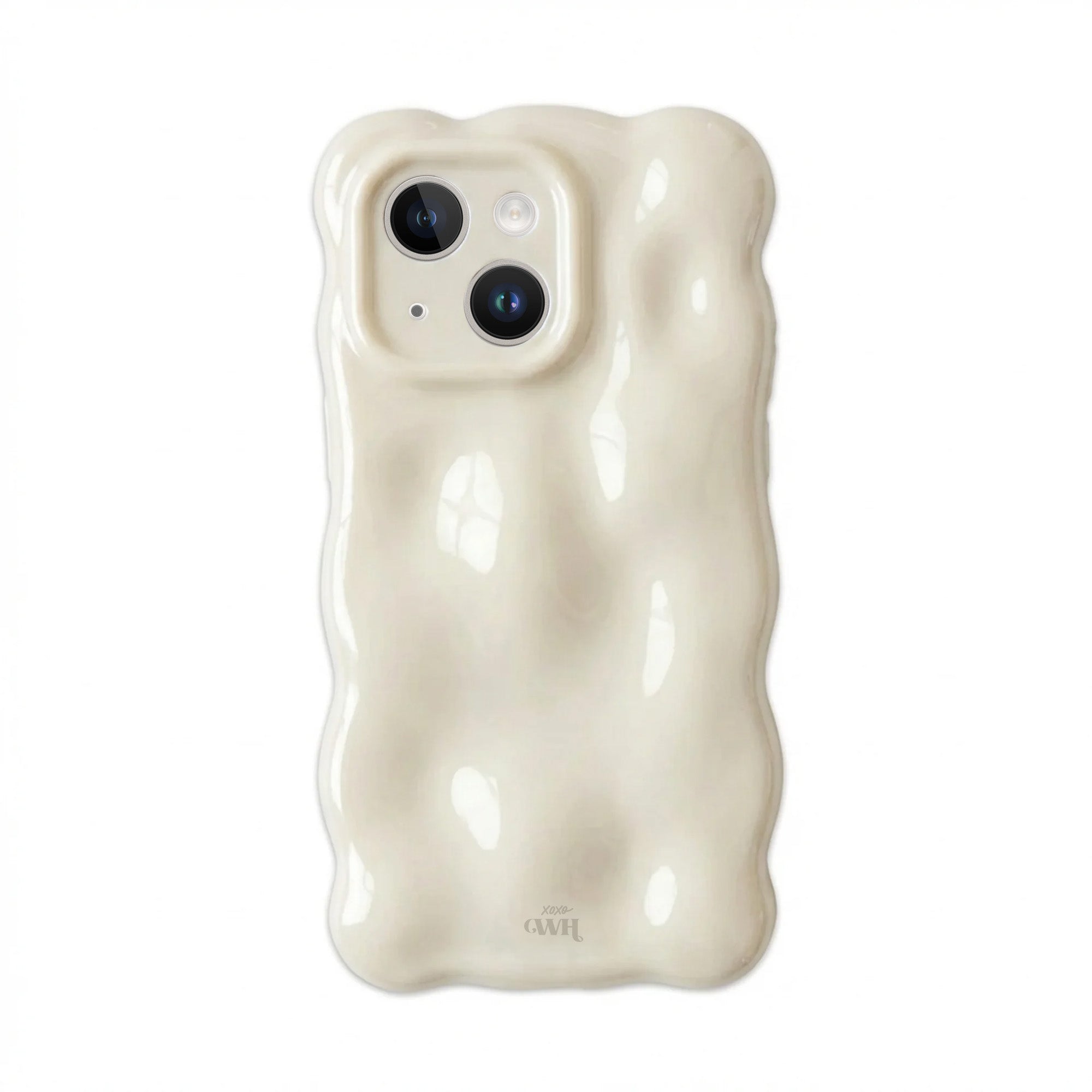 Witte Bubbly Cloud Dancer iPhone 15 Plus hoesje van glanzend kunststof met golvend design en camera cover.