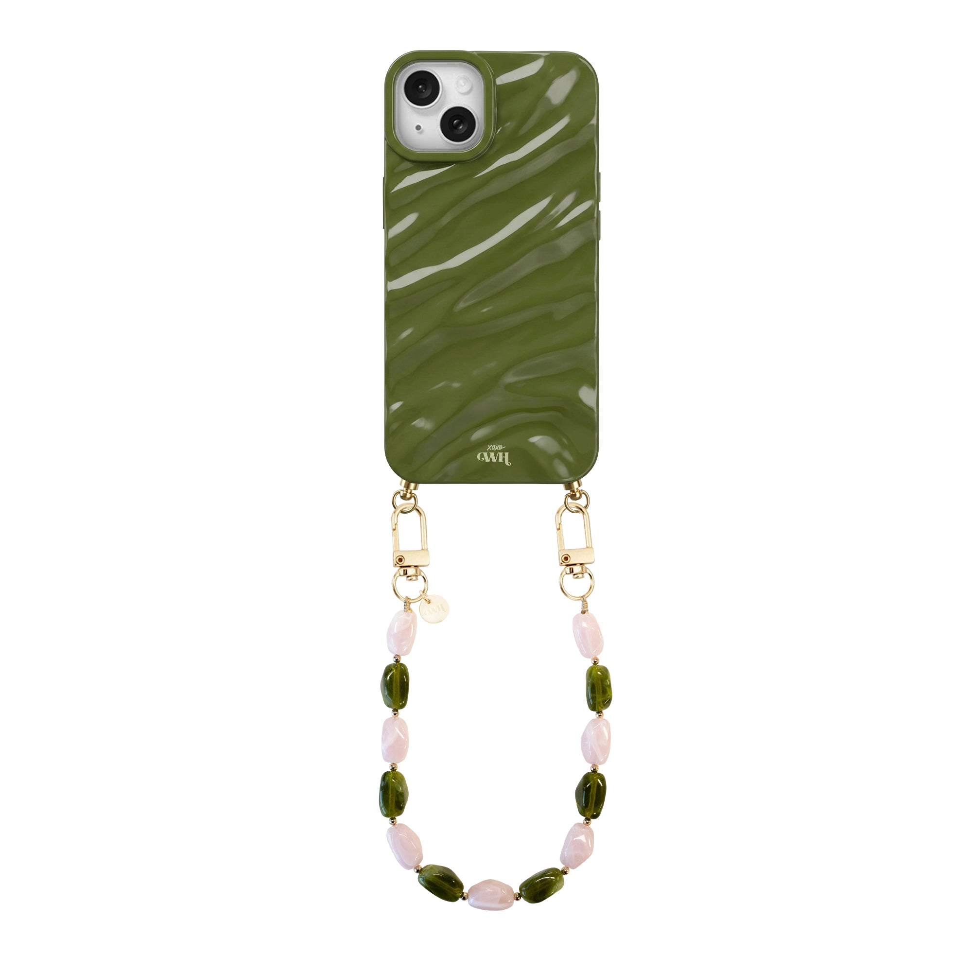 Glanzend donkergroen iPhone 15 hoesje met golvend patroon en kort Rose Quartz kralenkoord.