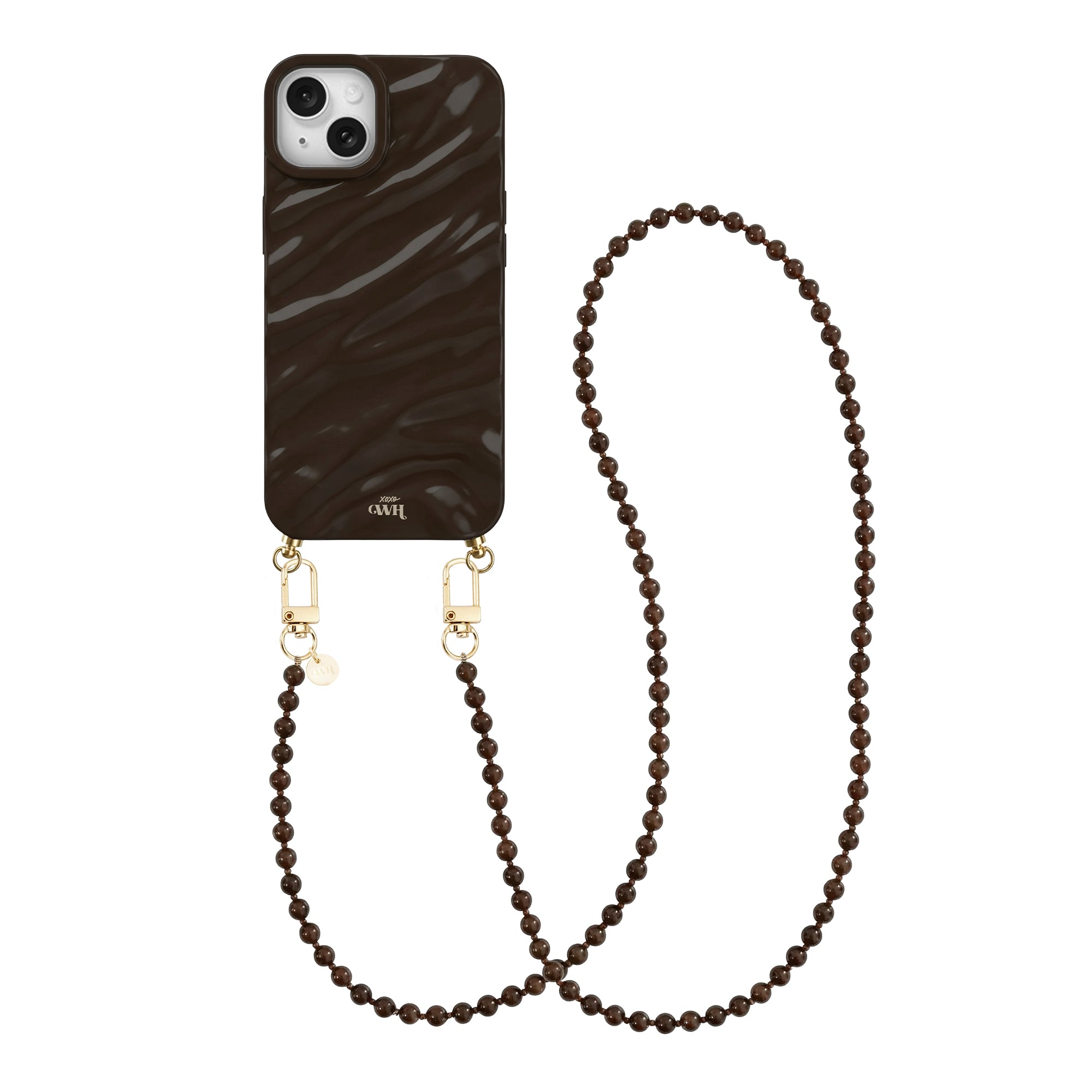 Glanzende bruine iPhone 14 Plus Glaze Cord Case met Brown Sugar kralenkoord en gouden haakjes.