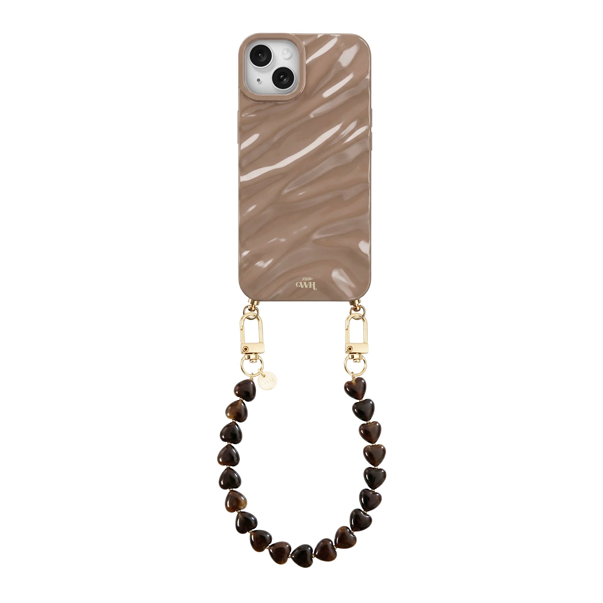 Glanzend taupe iPhone 13 hoesje met golvend patroon en kort Sweetheart Brown koord met hartjes.