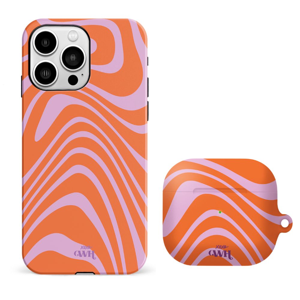 xoxo Wildhearts - xoxo Wildhearts telefoonhoesje geschikt voor iPhone 14 Pro Max met AirPods 3 hoesje - set - Boogie Wonderland Orange - Double Layer - Telefoonhoesje met dubbele beschermlaag - Hoesje met golvend patroon - Golven - Oranje met Paars