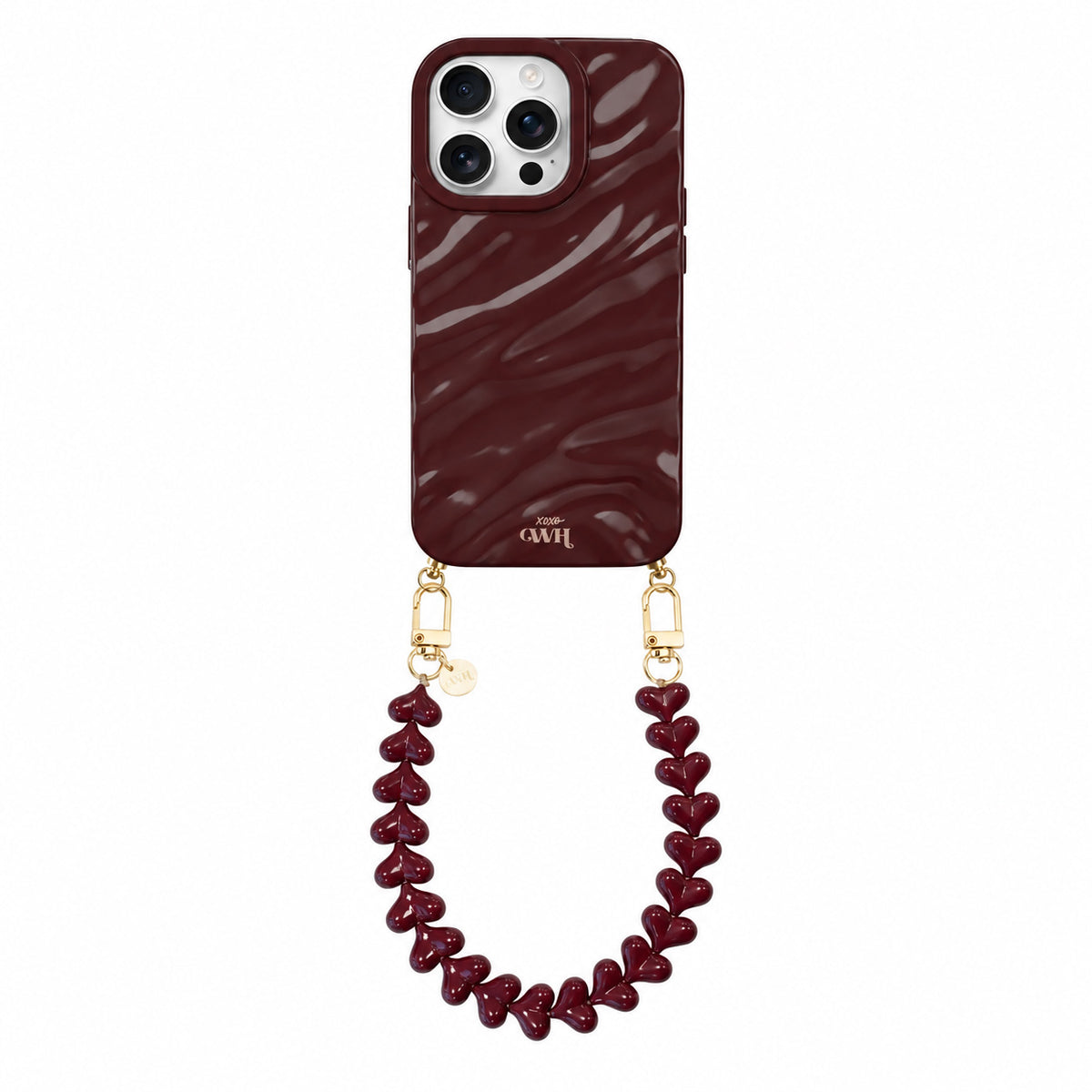 Burgundy Glaze Cord Case - Funky Hearts - iPhone 16 Pro Max