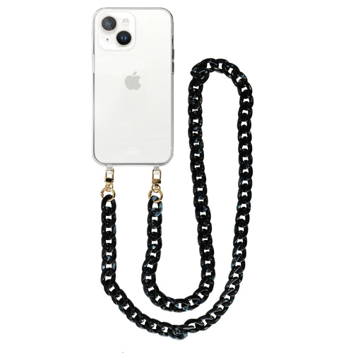 xoxo Wildhearts - iPhone 13 Mini - Marble Black Transparant Cord Case - Long Cord