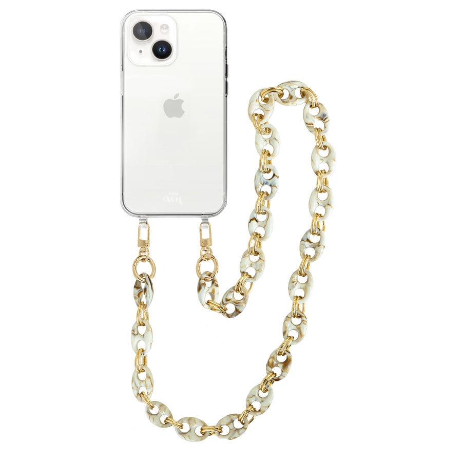 xoxo Wildhearts - iPhone 14 Plus - Marble Creme Transparant Cord Case - Long Cord