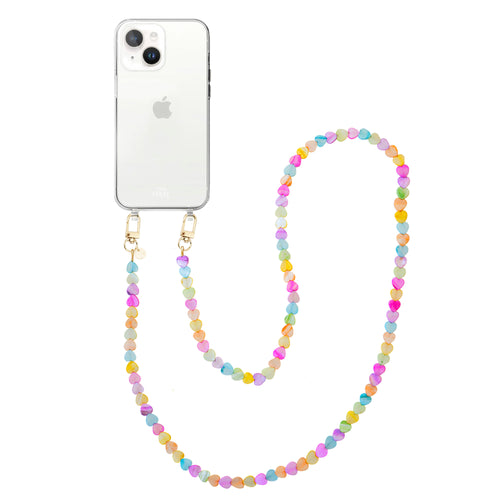 xoxo Wildhearts iPhone 13 mini - Shell Hearts (Rainbow) Transparant Cord Case - Long cord