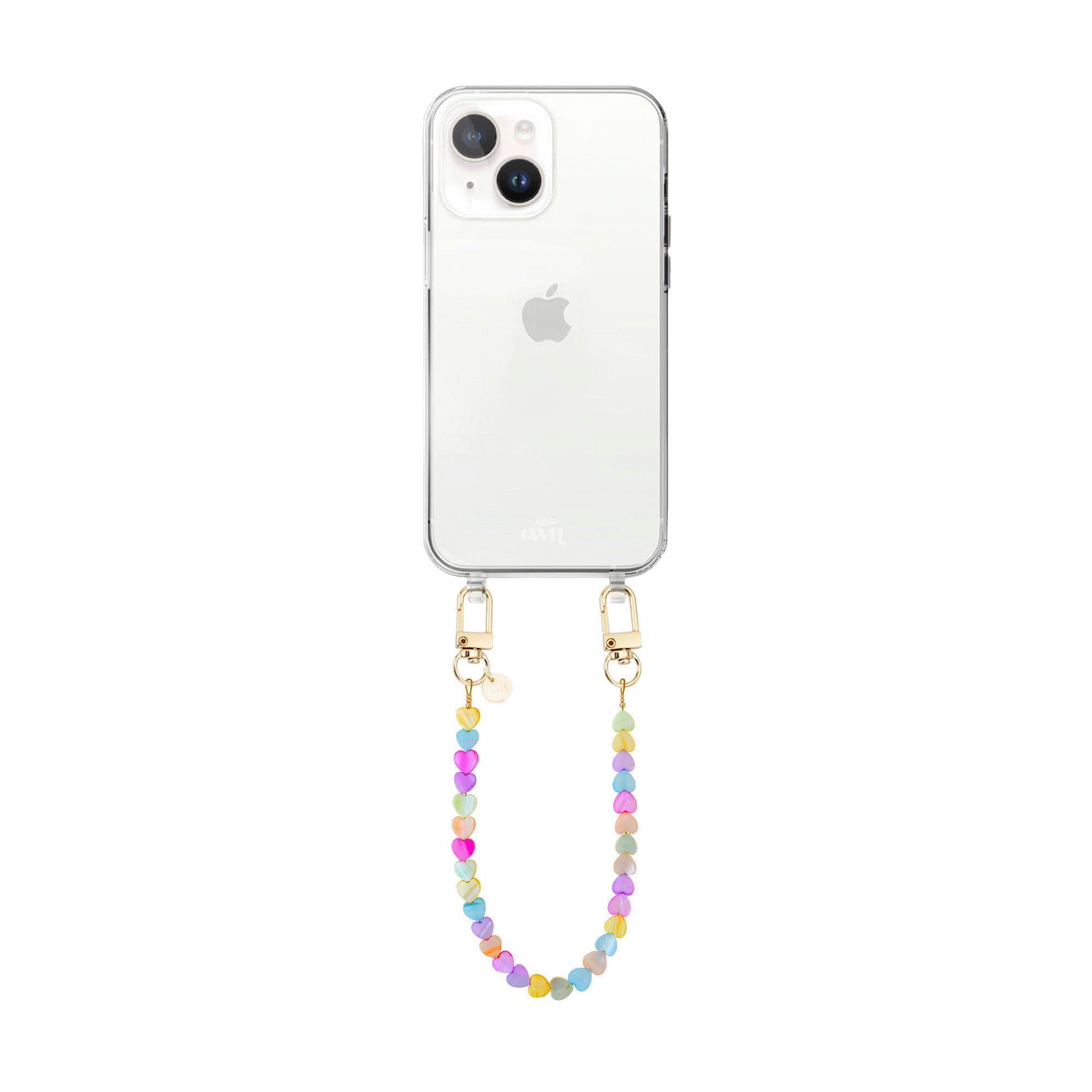 xoxo Wildhearts iPhone 15 - Shell Hearts (Rainbow) Transparant Cord Case - Short cord